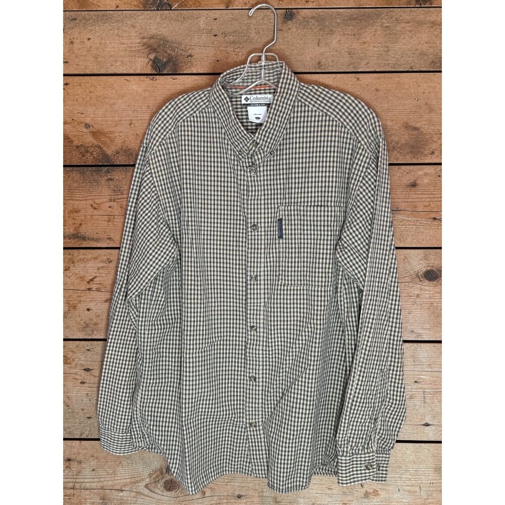 Columbia Mens Large Button-Up Long Sleeve Plaid Shirt With Pocket Tan and Blue